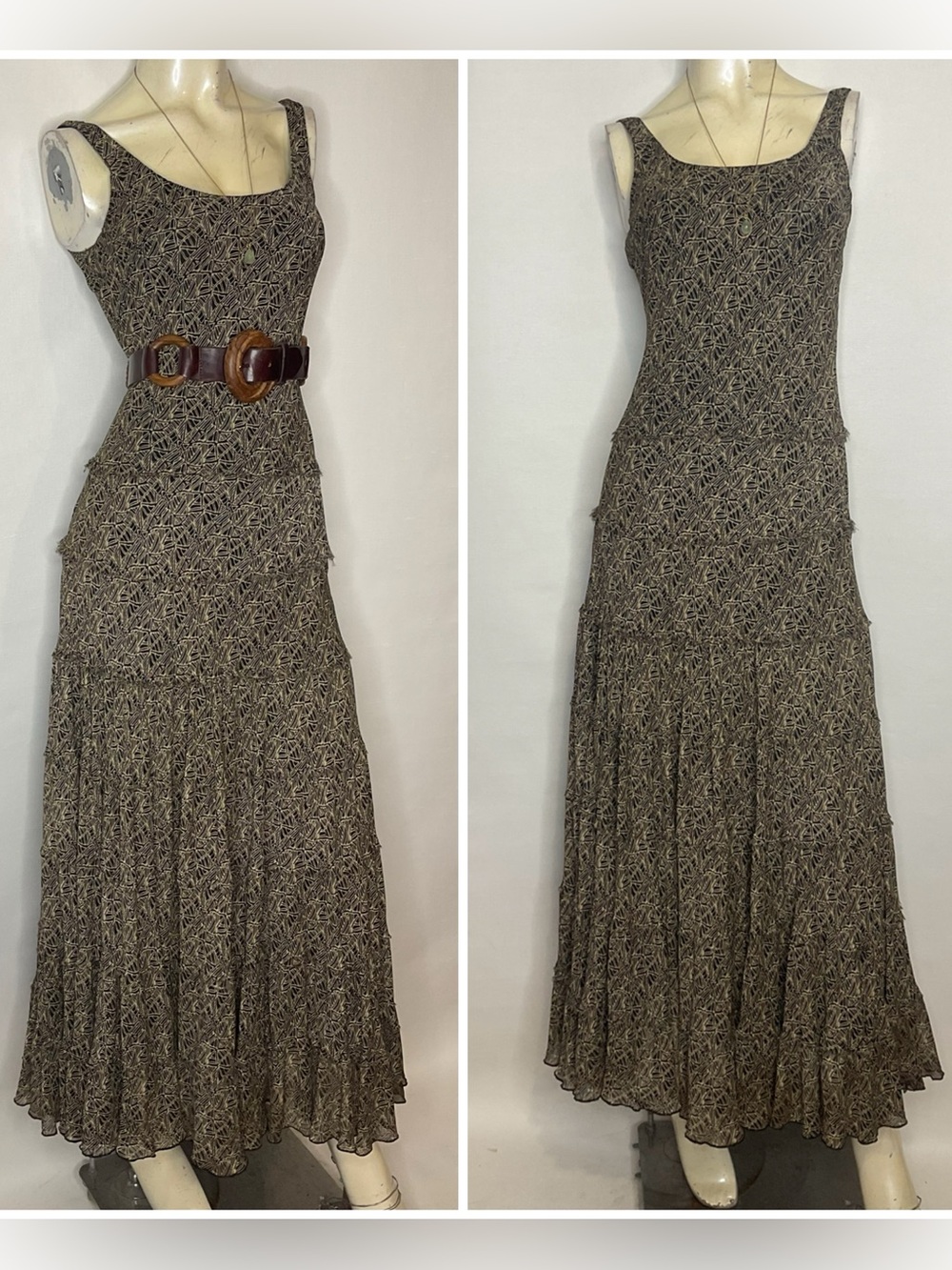Jones Vintage Tiered Chiffon Maxi Dress Size 6 Y2K Runway Abstract Printed